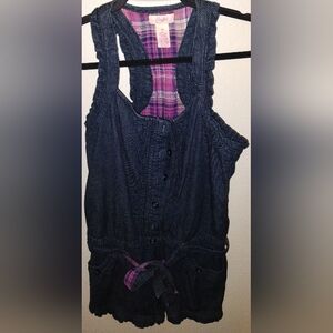 Denim romper style shorts with belt and pockets